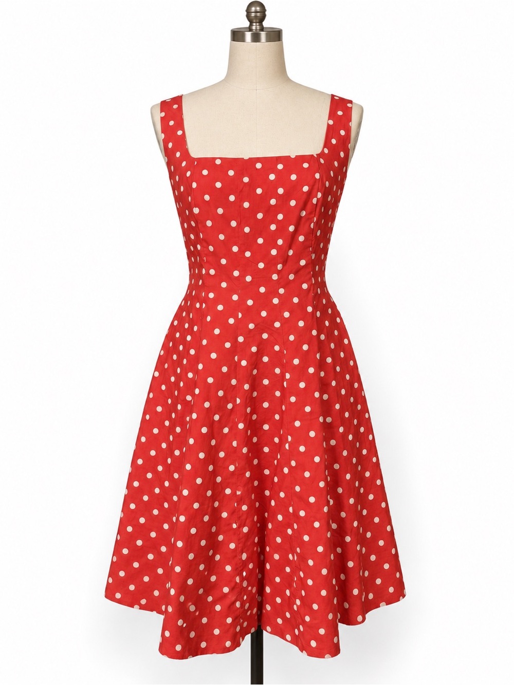 Polka dot Lands End flirty red dress.  Back smocking, zipper-versatile fit. L